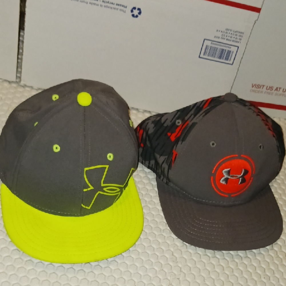 Under Armour Gray Caps with Neon Yellow and Red Accents